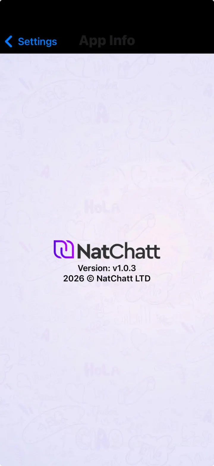 The NatChatt app info screen showing the logo over a soft pattern of multilingual greetings