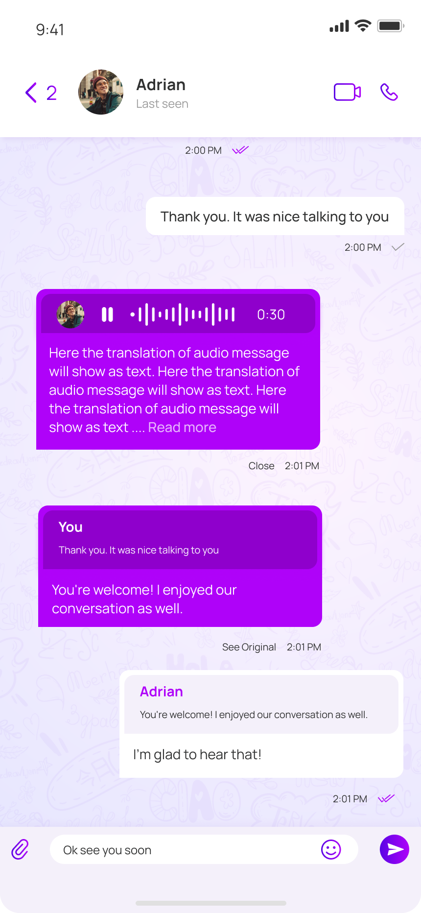 A NatChatt chat showing a voice note from Adrian with its audio waveform on top and a multi-line transcript expanded underneath