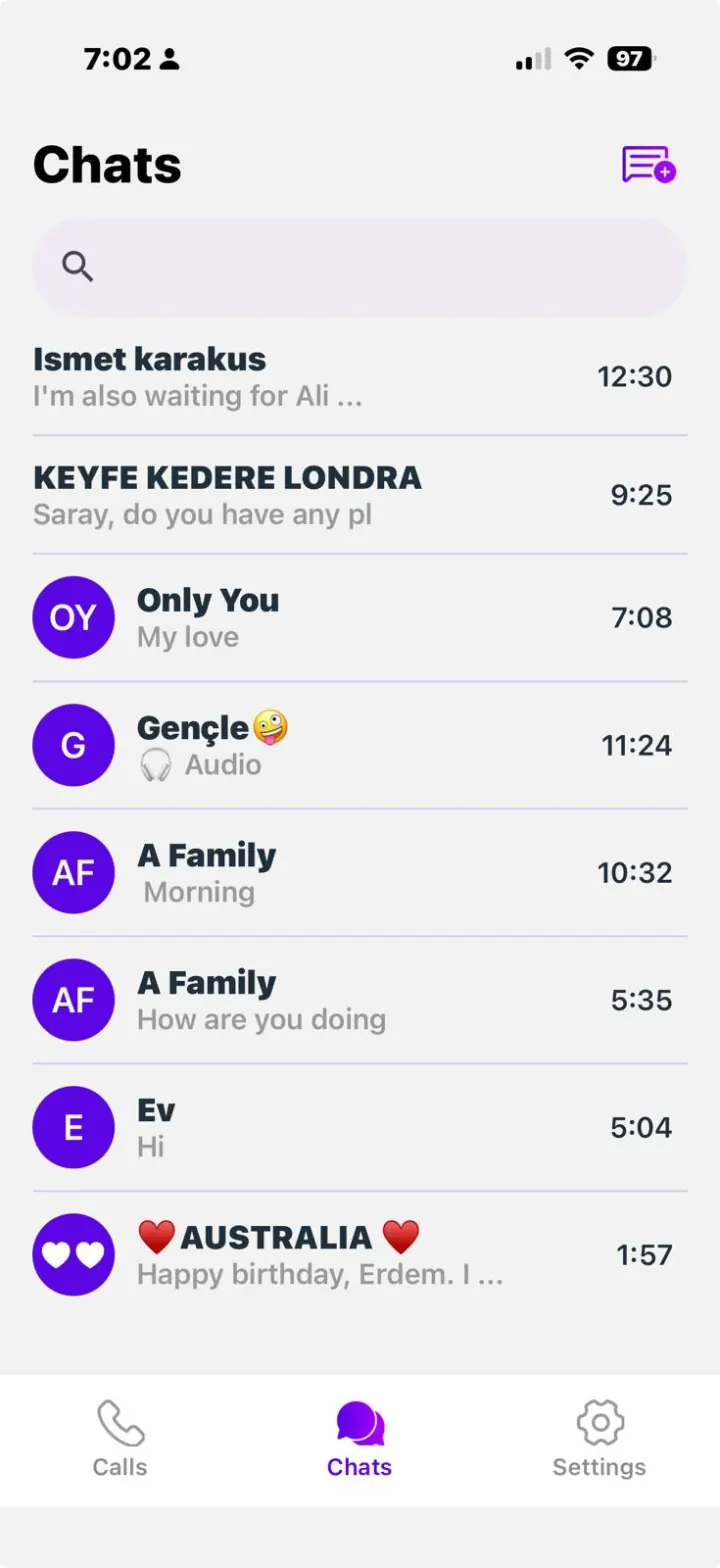 A NatChatt chat list with conversations in several languages