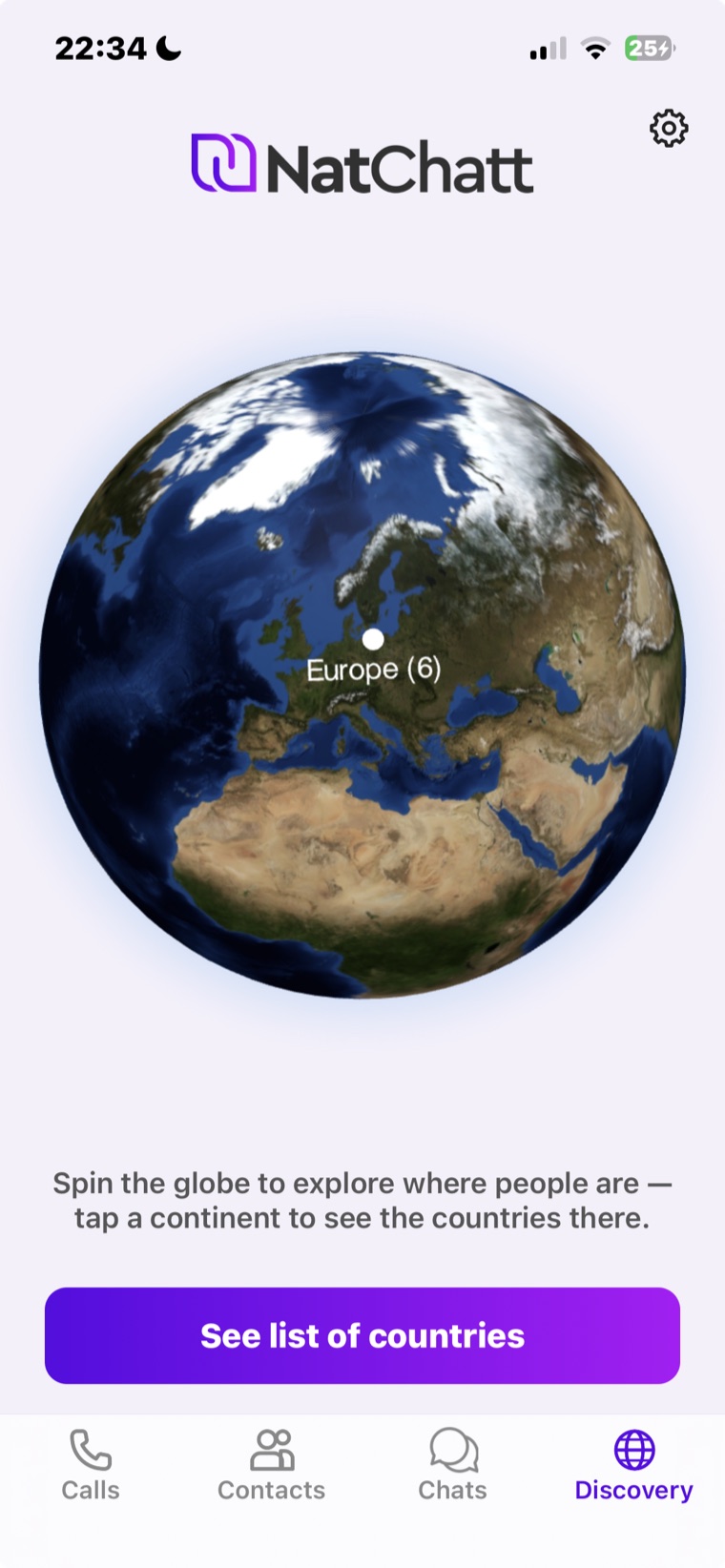The NatChatt Discovery screen: a photoreal globe spun to Europe, with a continent label and a See list of countries button