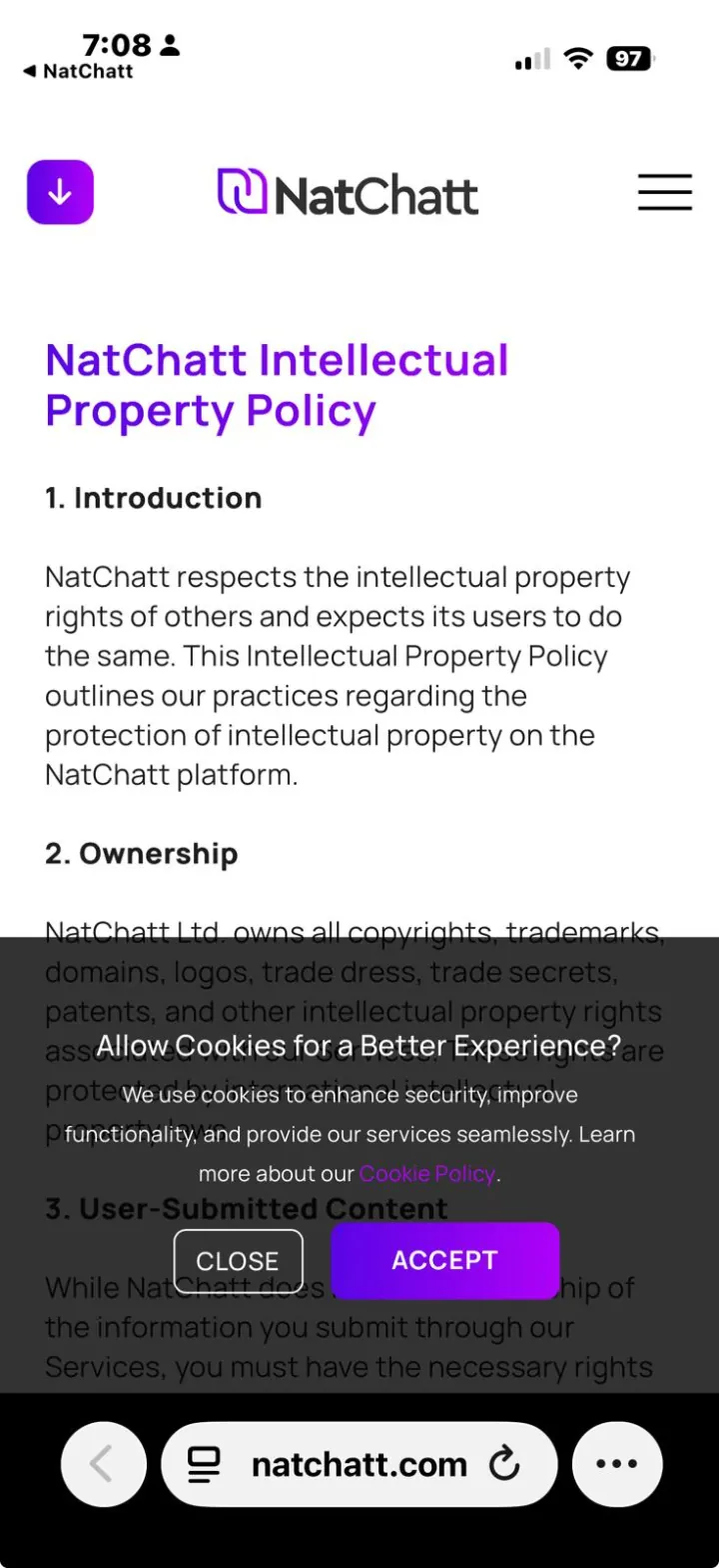 The NatChatt Intellectual Property Policy opened inside the app