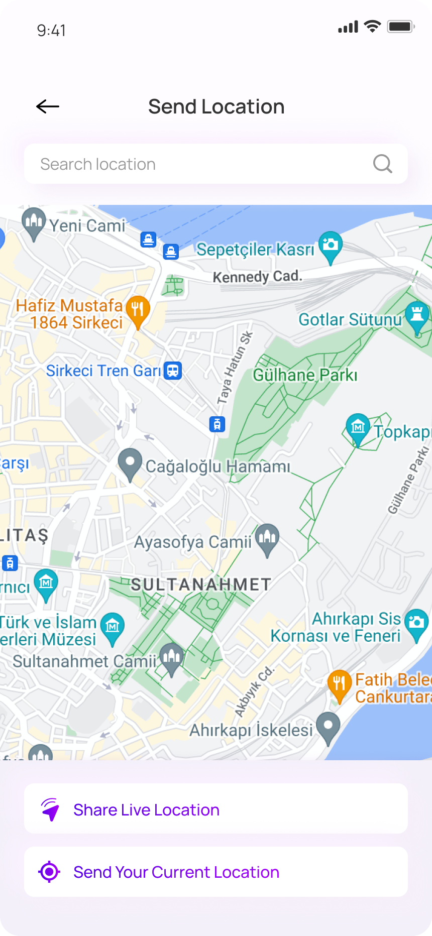 The NatChatt Send Location screen showing a map of Sultanahmet with Share Live Location and Send Your Current Location buttons