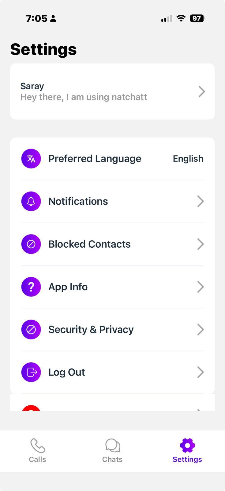 The NatChatt settings screen showing language, notifications, blocked contacts, app info, security and privacy, log out and delete account