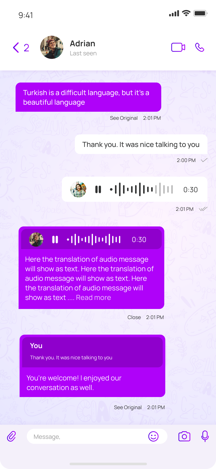 A NatChatt chat with Adrian showing translated text messages and voice notes between Turkish and English, with a See Original link on every bubble
