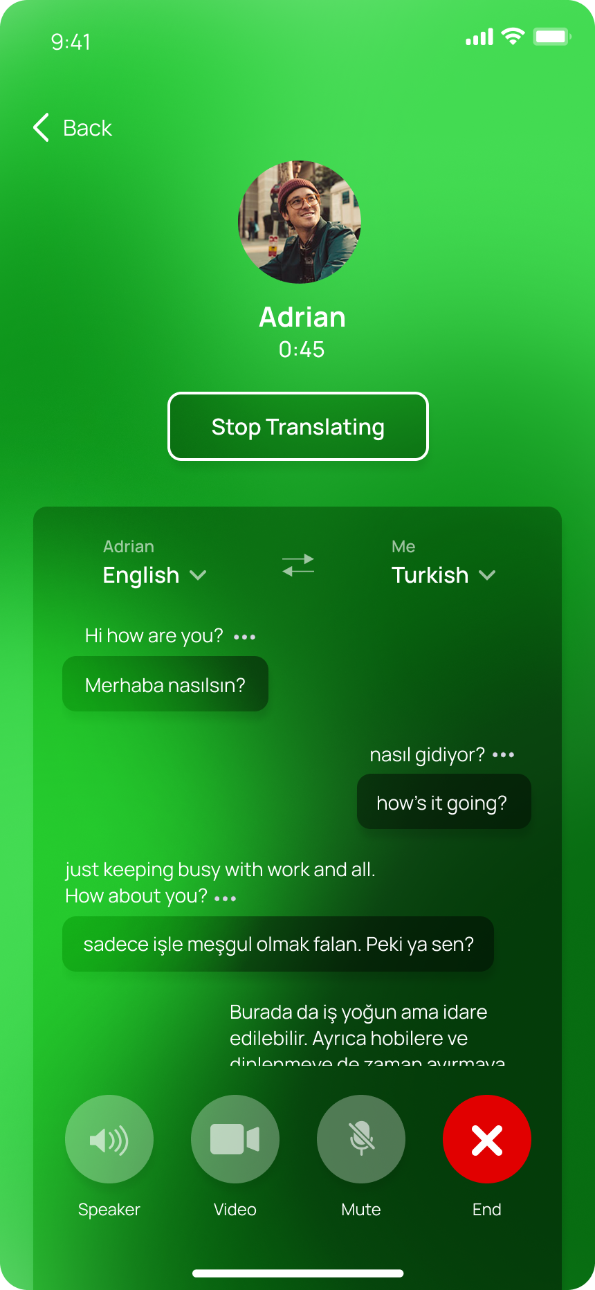 A NatChatt voice call with Adrian, showing the conversation transcribed live between English and Turkish