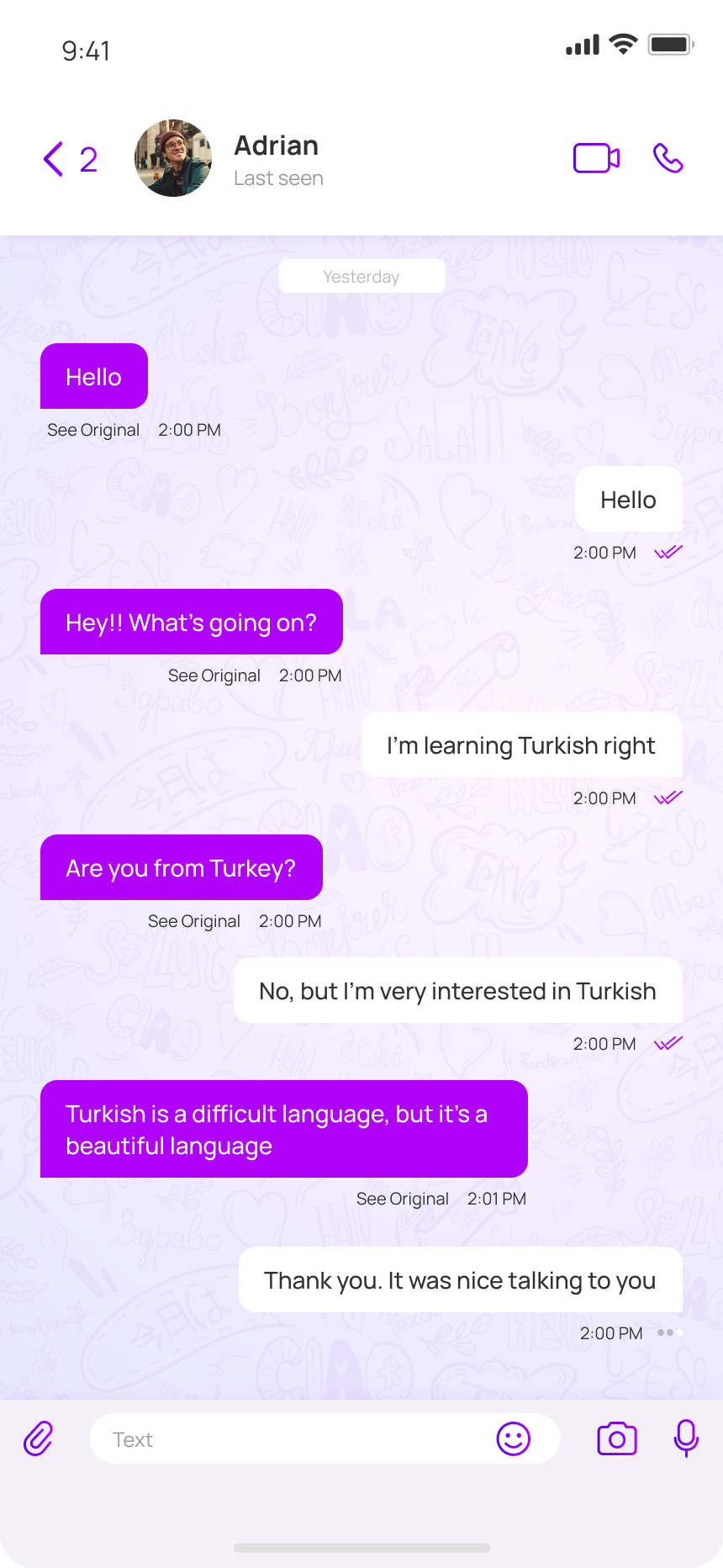 A NatChatt one-to-one chat translating between English and Turkish