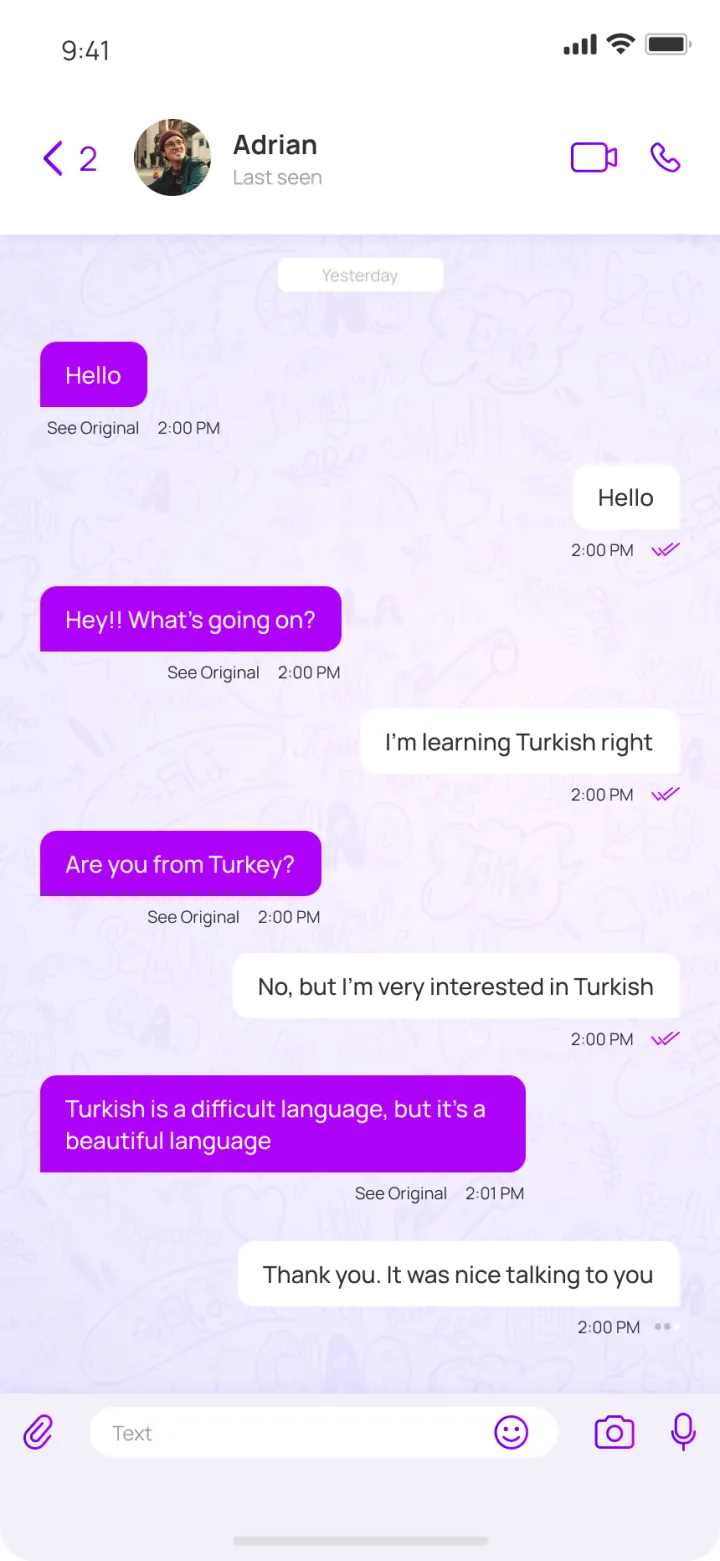 A NatChatt one-to-one chat translating between English and Turkish