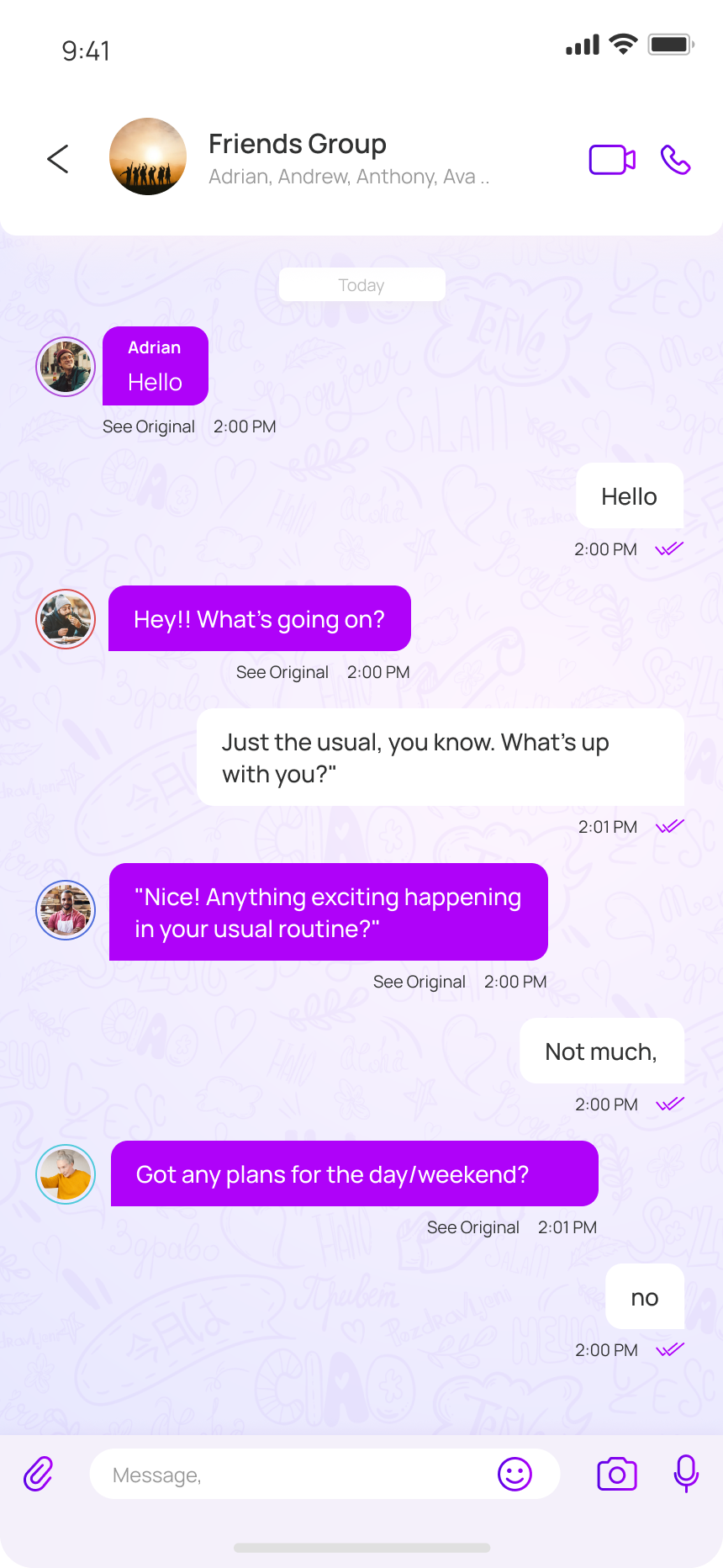 A NatChatt group chat with each message translated for the reader