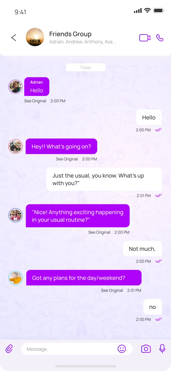 A NatChatt group chat with each message translated for the reader