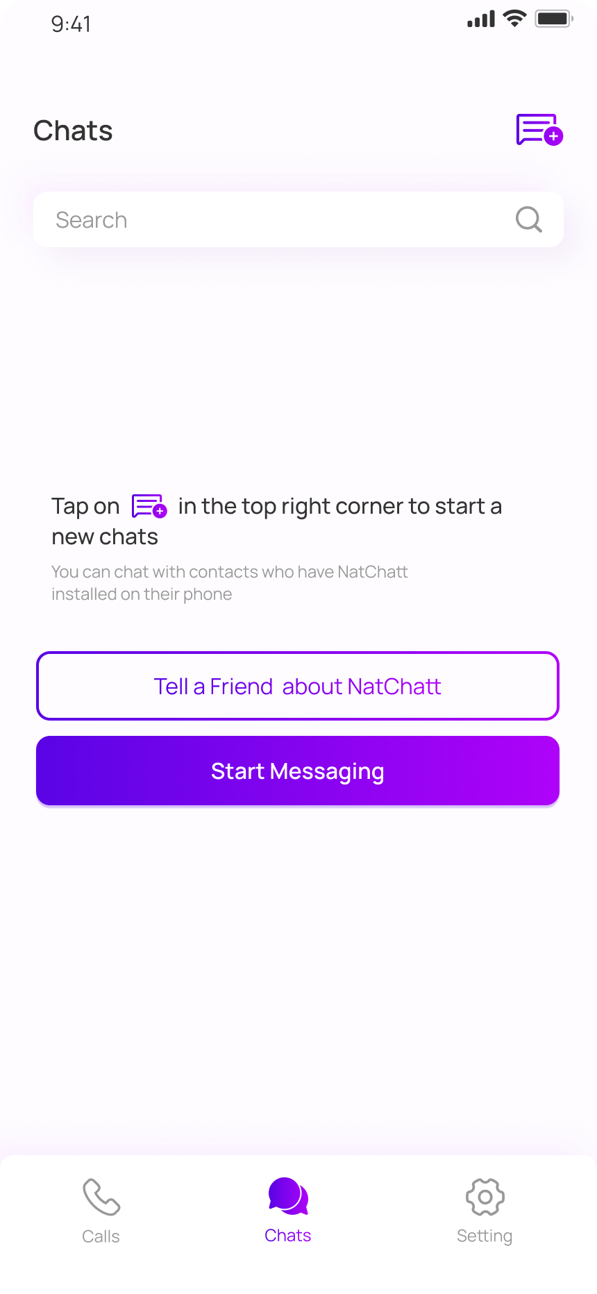 NatChatt Chats screen with a Start Messaging button