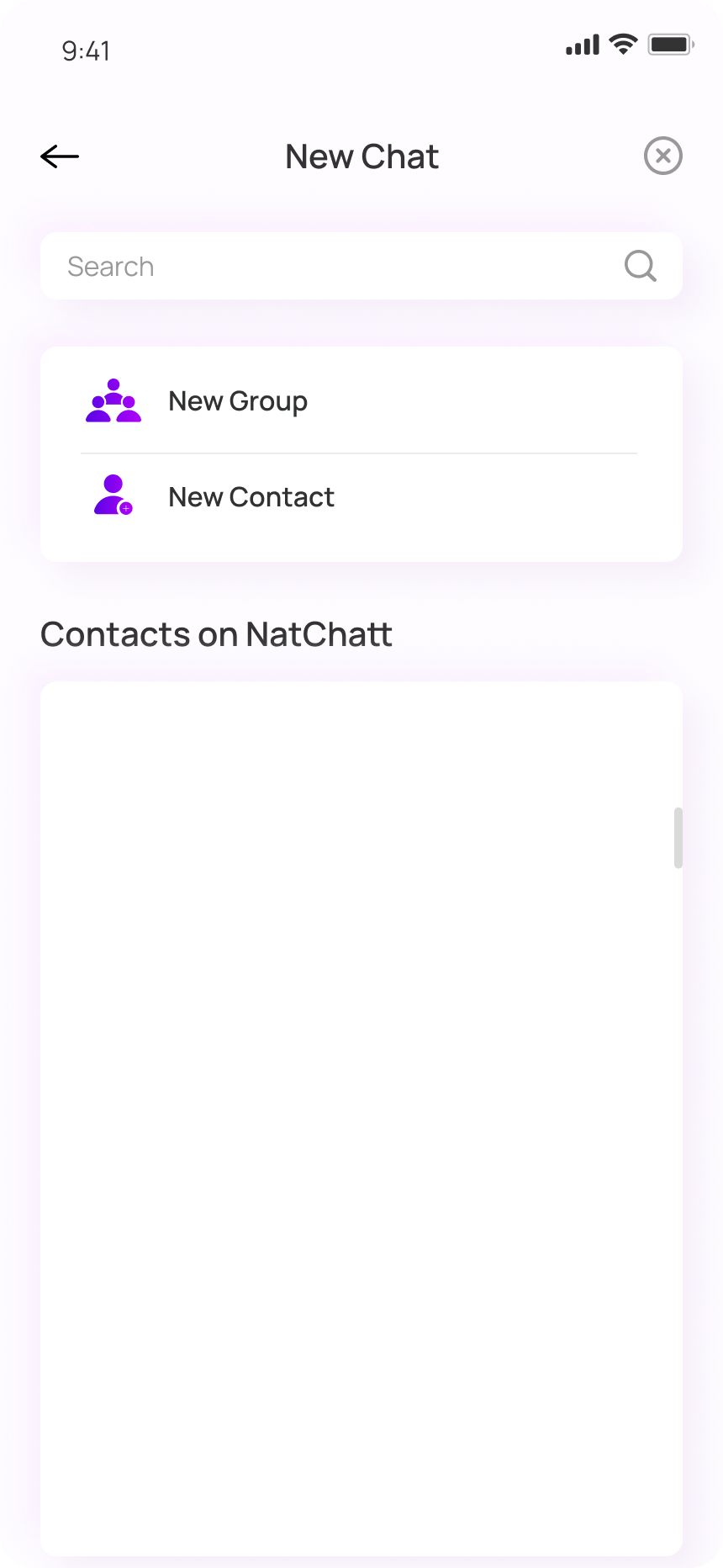 NatChatt New Chat screen with an empty “Contacts on NatChatt” list