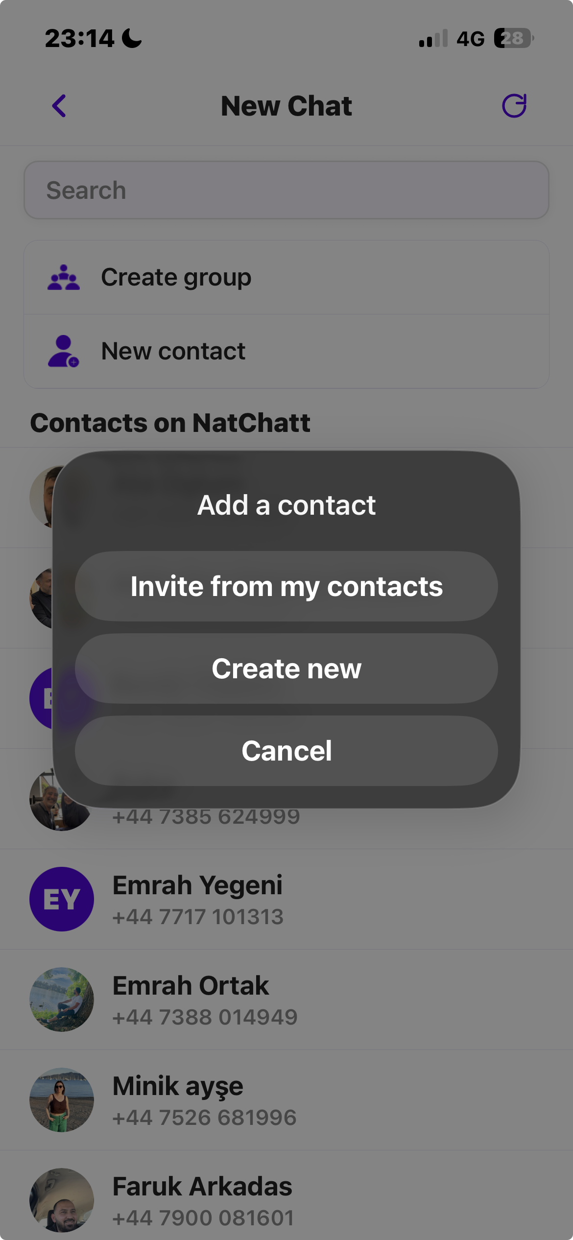 An “Add a contact” sheet with an “Invite from my contacts” option