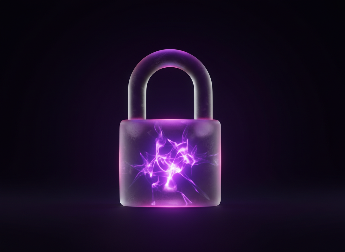 A frosted glass padlock with a soft violet glow trapped inside, representing on-device message storage